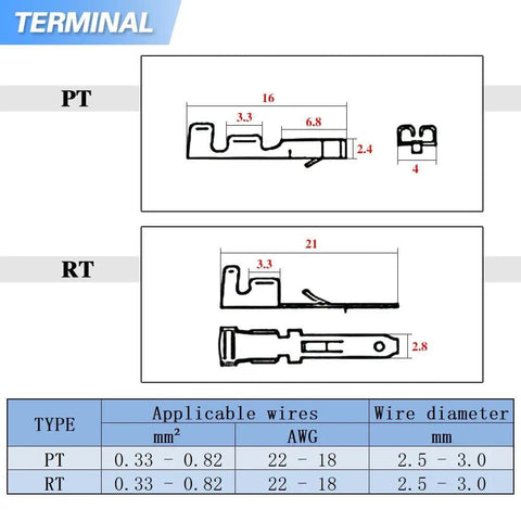 Diagram of PT and RT terminals for the 580 Piece Wire Connector Kit With 2.8mm Pitch Male And Female Plug Housings Pin Headers