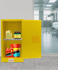 Built Tough Flammable Safety Cabinet With Fifteen Gallon Capacity Double Wall Steel Frame Integrated Key Lock For Hazardous Chemical Storage Lab Shop And Garage Ready Setup With Zero Fuss Durability showing yellow cabinet with shelves and flammable liquids.