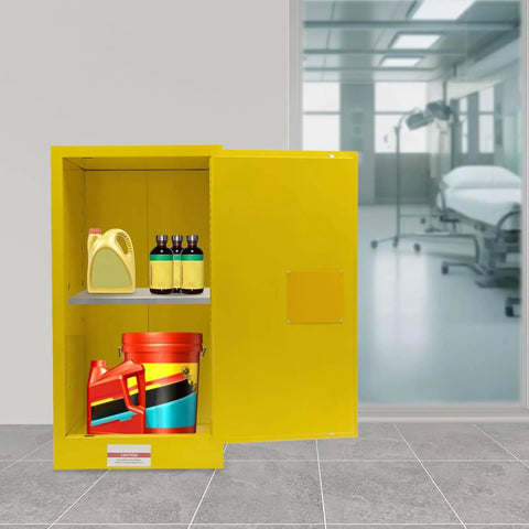 Built Tough Flammable Safety Cabinet With Fifteen Gallon Capacity Double Wall Steel Frame Integrated Key Lock For Hazardous Chemical Storage Lab Shop And Garage Ready Setup With Zero Fuss Durability showing yellow cabinet with shelves and flammable liquids.