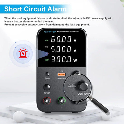 Variable Bench Power Supply With Switch And Alarm, 60V 5A, LED Display showing output, USB Quick Charge port visible