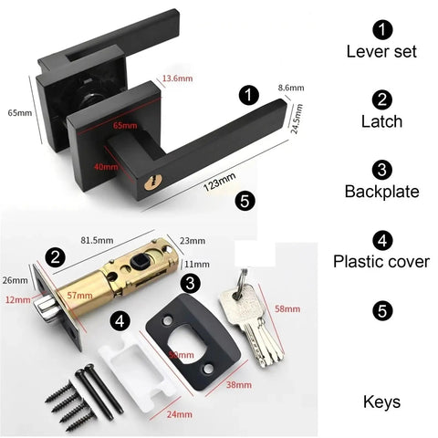 15 Piece Matte Black Door Lever Handleset With Heavy Duty Reversible Hardware And Square Plate components layout
