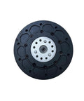 Front view of black round DC servo geared motor with brake, silver center hub with multiple screw holes