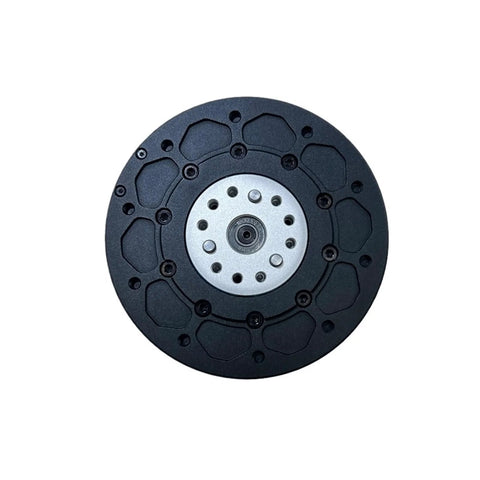 Front view of black round DC servo geared motor with brake, silver center hub with multiple screw holes