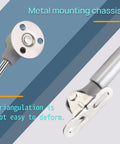 Two Pack Soft Close Toy Box Hinges With 100N Gas Strut Safety Lid Support, matte silver finish showing mounting chassis