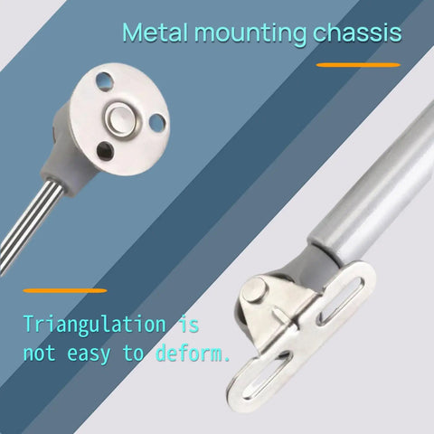 Two Pack Soft Close Toy Box Hinges With 100N Gas Strut Safety Lid Support, matte silver finish showing mounting chassis