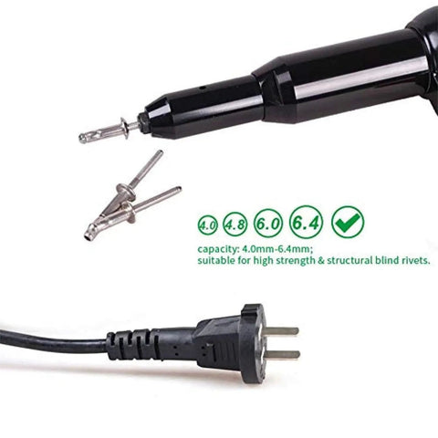 Close-up of Heavy Duty Electric Blind Riveter 600 Watt Power Tool with rivets and power cord for steel and aluminum use.