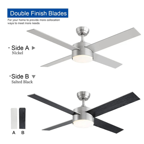 52 Inch Brushed Nickel And Black Ceiling Fan With Lights And Remote, Tri Color LED Temperature Options, Quiet Reversible Motor