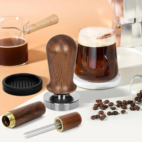 51mm Espresso Tamper Set With 30 Lb Consistent Pressure, Spring Loaded Calibrated Tamper, Silicone Mat, Coffee Stirrer And Distribution Tool, Wooden Barista Kit For Home Espresso Machines, Ideal For Your Italian Moment displayed on a countertop with coffee accessories.