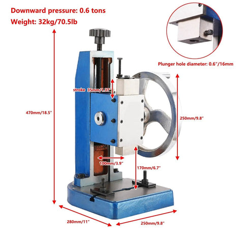 Heavy Duty Cast Iron Arbor Press With Oversized Handwheel For Stamping Bending And Forming 1320 Lbs displayed with labels showing dimensions and specifications.