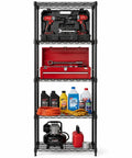 Rock Solid Steel Wire Shelving Unit Five Tier Storage Rack Built Tough With Self Leveling Feet NSF Certified Food Safe For Kitchens Garages And Commercial Shops Black One Fourteen X Two Forty X Fifty Nine Inches with tools and equipment.