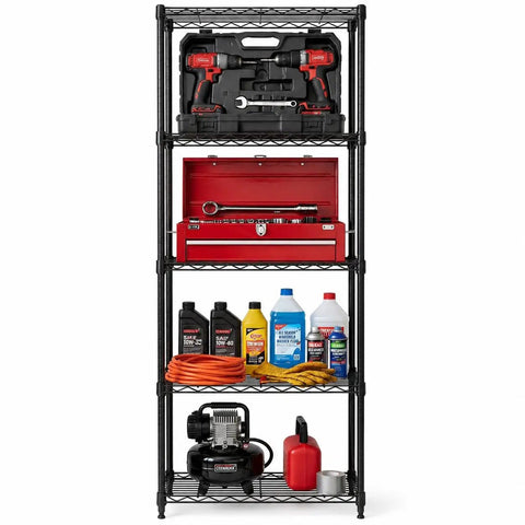 Rock Solid Steel Wire Shelving Unit Five Tier Storage Rack Built Tough With Self Leveling Feet NSF Certified Food Safe For Kitchens Garages And Commercial Shops Black One Fourteen X Two Forty X Fifty Nine Inches with tools and equipment.