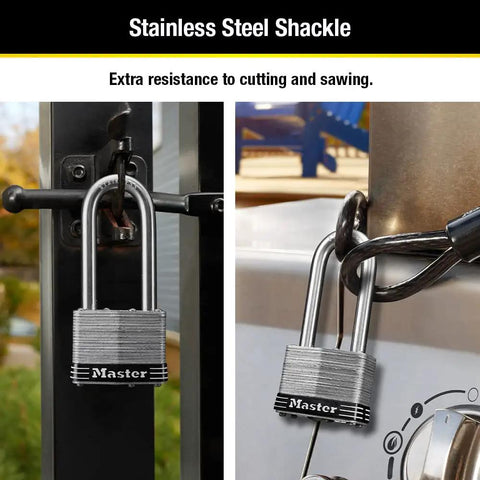 Stainless Steel Outdoor Padlock with Key, 4 Pack Keyed Alike, Marine Grade Security Lock securing gate and metal bar.