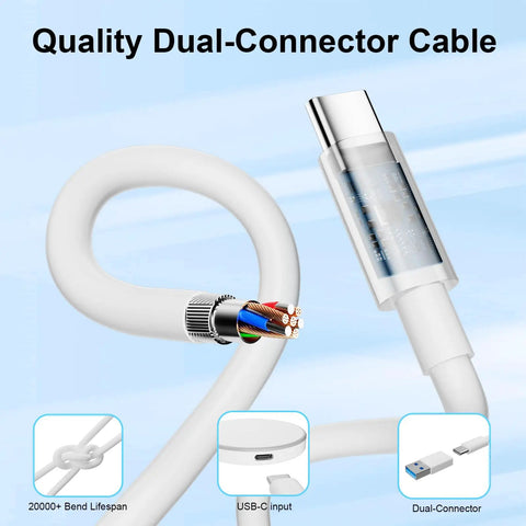Cable connector detail showing internal wiring and USB-C dual-connector design