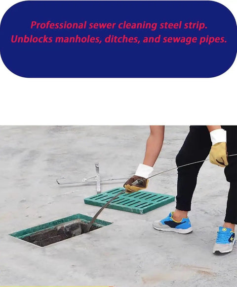 Badass Heavy Duty Steel Drain Cleaning Tape And Rod With Grip Handle Claw For Push Pull Outdoor Clog Removal 20 Meter Length 5cm Width Manual Sewer Maintenance Workhorse in use to clear a drain.