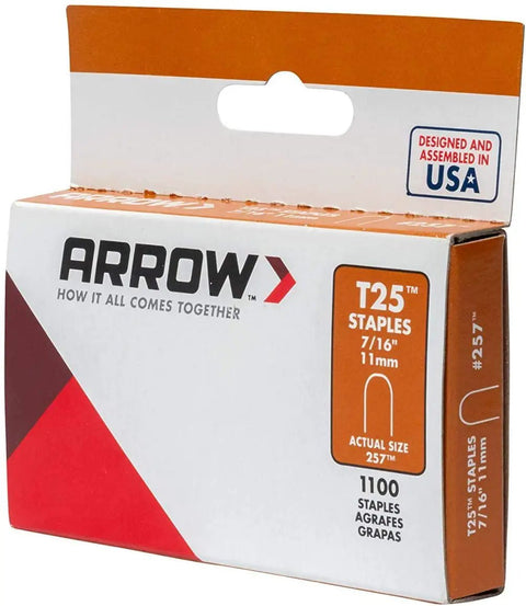 Packaging of Heavy Duty T25 Round Crown Staples for Cable and Low Voltage Wiring 1100 Pack Leg Length 7 16 Inch Crown Size 5 16 Inch