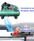 Ultra Lightweight Handheld Pneumatic Strapping Tool connected to a green air pump, showcasing 360-degree rotating inlet interface.