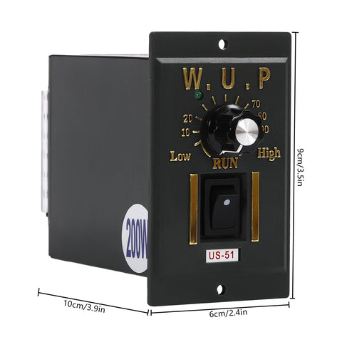 110V 200W AC Gear Motor With Variable Speed Controller, front view with control dial and power switch, dimensions shown