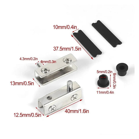 Stainless Steel Glass Door Hinges No Drill Black Pivot Hinge Set Of 2 For 5 To 6mm Thick Doors shown with measurement details