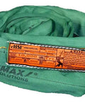 Endless Round Rigging Sling For Heavy Lifts, 12 Ft Long, 10,000 Lb Capacity, CoverMax Nylon Cover, K-Spec Yarn Core, Built Tough For Cranes, Shipyards, Construction, And Aerospace Lifting Jobs coiled green sling with orange label