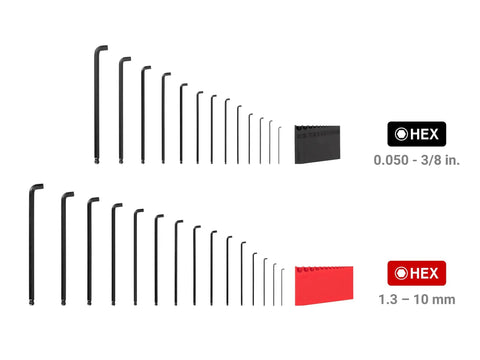 Short Arm Ball End Hex L Key Set With Holders, 28-Piece, 0.050 to 3/8 in And 1.3 to 10 mm, displayed with clip-on rack