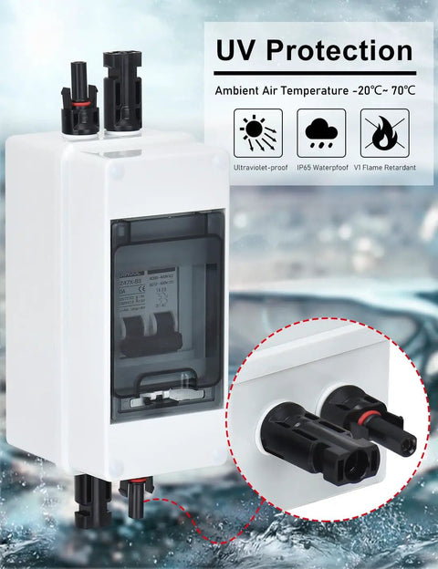 15 Amp Solar DC Disconnect Switch Outdoor Breaker Box With IP65 Waterproof UV Resistant PC Shell And Flame Retardant V1 Rated Housing