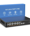 Unmanaged 18 Port 2.5G Ethernet Switch With 16 2.5Gb Base T Ports And 2x 10G SFP Ports, Metal Fanless Design, shown with packaging