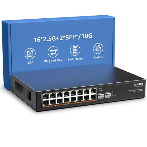 Unmanaged 18 Port 2.5G Ethernet Switch With 16 2.5Gb Base T Ports And 2x 10G SFP Ports, Metal Fanless Design, shown with packaging