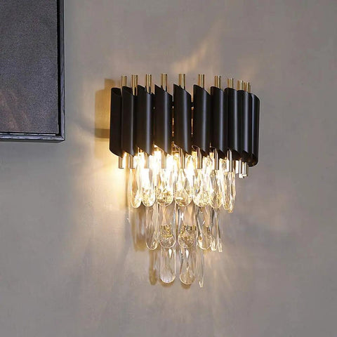 Dope Modern Crystal Wall Sconce With 2 E12 Sockets, 3-Tier Crystal Drops, Gold Finished Shade mounted on a wall