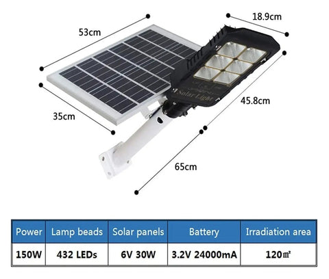 JUDYSSY Courtyard Light Solar Lights Outdoor Garden Led Solar Street Flood Lights 50W - 300W Outdoor Lamp with Remote and Motion Sensor - Ip66 Waterproof Solar Power Li， showing dimensions and features of the solar panel and LED light.