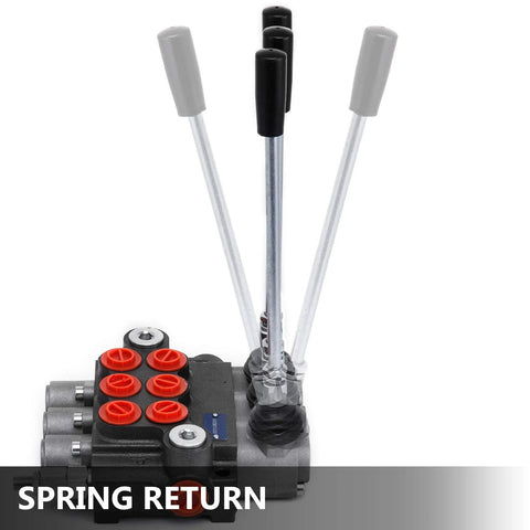 Front view of Vevor 3-spool hydraulic control valve; black-gray body with red port caps and three long metal levers