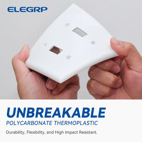 Two Gang Toggle Switch Wall Plate, Unbreakable Thermoplastic Faceplate Cover for Dimmer Switches, being bent to show flexibility.
