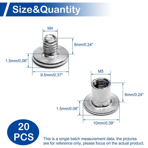 Top Shelf Nickel Plated M5 Binding Screws hardware kit showing M4 and M5 post sizes, 20 pieces for crafting and bookbinding.