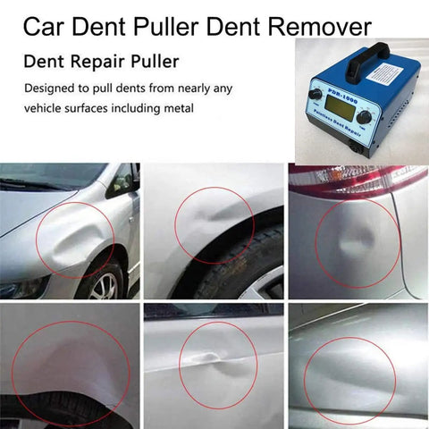 Pro Grade Paintless Dent Removal Kit With Digital Display For Fast Auto Dents Repair displayed with various dent examples