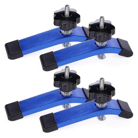 Four Pack T Track Hold Down Clamps 160mm Curved Aluminum Quick Acting Clamps With Rotating Pivot And Height Adjustment shown in blue aluminum