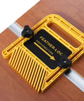 Extended 160mm Double Feather Boards Deliver Rock Solid Grip For Table Saw Router Band Saw T Slot Miter Track No Sweat Setup Made From Tough Plastic Locks Down Hard For Killer Woodworking Results with yellow feather board attached to miter rail.