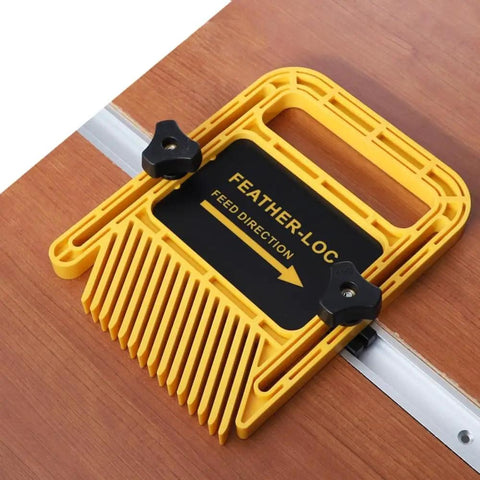 Extended 160mm Double Feather Boards Deliver Rock Solid Grip For Table Saw Router Band Saw T Slot Miter Track No Sweat Setup Made From Tough Plastic Locks Down Hard For Killer Woodworking Results with yellow feather board attached to miter rail.
