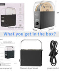 Filament Dryer Box 2.0 with fans shown with 1kg spool, user manual, and power cord, dimensions detailed for 3D printing.