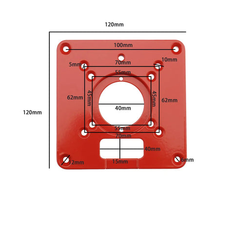 Premium Aluminum Router Table Insert Plate For Heavy Rotary Trimming Tools And Woodworking Engraving Gear Built Rock Solid With Smooth Anti Rust Surface No Nonsense Workshop Essential, red with dimensions.