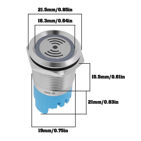 Diagram of Twin Pack 12V IP65 Waterproof LED Flash Buzzer Indicator Light 19mm with dimensions for control panels.