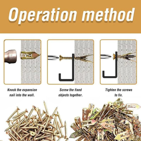 Self Drilling Drywall Anchors And Screws Kit For Quick No Pre Drill Installation graphic showing installation process with screws and anchors.