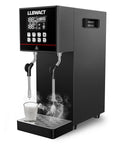 Beast Mode Dual Head Commercial Steam Milk Frother Driving Twin Independent Wands For Lightning Fast Microfoam and Crushing Peak Heavy Coffee Shop Rush Hours with digital display and steaming milk.