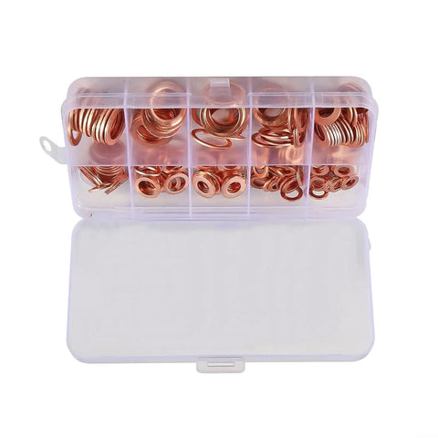 Get This Top Notch 100 Piece Copper Flat Washer Assortment Kit With Box For Sump And Industrial Jobs Featuring Purple Copper Ring Seals That Resist Heat Buildup And Deliver Serious Hardness For Your Tough Gasket Needs, copper washers in storage box