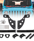 Heavy Duty Hi Lift Jack Mount for Jeep Wrangler Hood and Door Hinges Keeps Your Jack Off The Seats and Out Of The Cabin Fits 2007 to 2022 Wrangler JK JKU JL JLU Easy Front Or Rear Mount Steel Construction With Anti Corrosion Finish shown with mounting hardware and straps