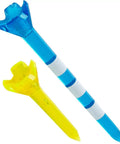 Low Drag Golf Tees Two And Three Quarters Inch And One And Half Inch Assorted Pack Of Fifty With Four Prong Design shown in blue and yellow.