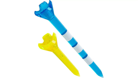 Low Drag Golf Tees Two And Three Quarters Inch And One And Half Inch Assorted Pack Of Fifty With Four Prong Design shown in blue and yellow.
