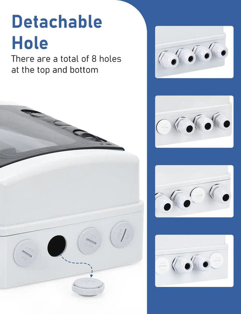 Outdoor Breaker Box 15 Amp Miniature Circuit Breaker With DIN Rail Enclosure Solar Disconnect Switch IP65 Waterproof DC 12 to 500V AC 90 to 480V No Polarity Big Wiring Space Easy Install showing detachable hole feature with 8 holes at top and bottom