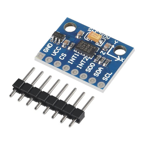 Two Pack ADXL345 3-Axis Accelerometer Module With Tilt And Inclination, High-Res 16G Range, Digital 16-Bit Output, I2C Or SPI Interface, Perfect For Arduino, Raspberry Pi, Motion Sensing Projects. Blue PCB accelerometer module with header pins