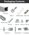 Premium Bi Fold Sliding Barn Door Hardware Kit With Sturdy Aluminum Track Set Including Sleek Box Rail For Two Panel Systems parts including tracks, rollers, and brackets.