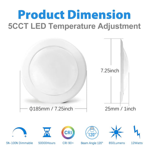 6 Inch LED Disk Lights Pack Of 12 Dimmable Recessed Ceiling Downlights With 5 CCT Selectable 2700K To 5000K 1050 Lm Easy Install, showing product dimensions and features.