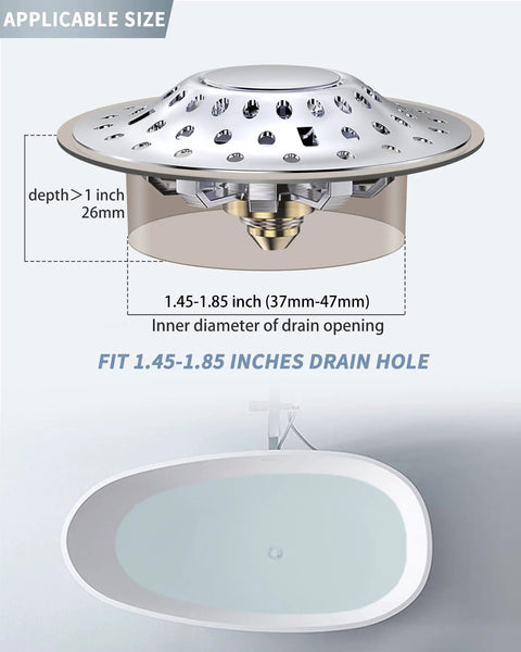 Diagram of 2 in 1 Bathtub Stopper with Hair Catcher showing dimensions for 1.45 to 1.85 inch drains, anti clog design